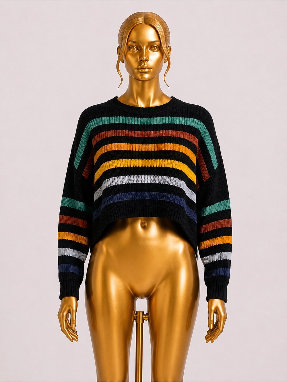 Black Cropped Crewneck Sweater with Multicolor Stripes